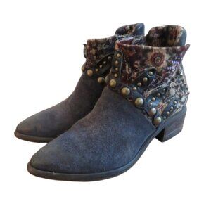 A.S. 98 Blue Floral Velvet Studded Bohemian Leather Ankle Booties Boots
